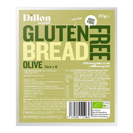 Dillon Org G/f Bread ~ Sliced/Olive 275g/4PK